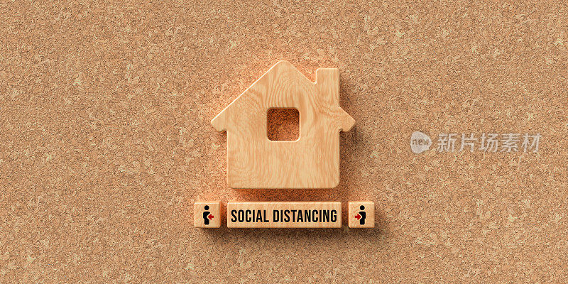 木屋符号和立方体与信息社会距离- 3D渲染插图